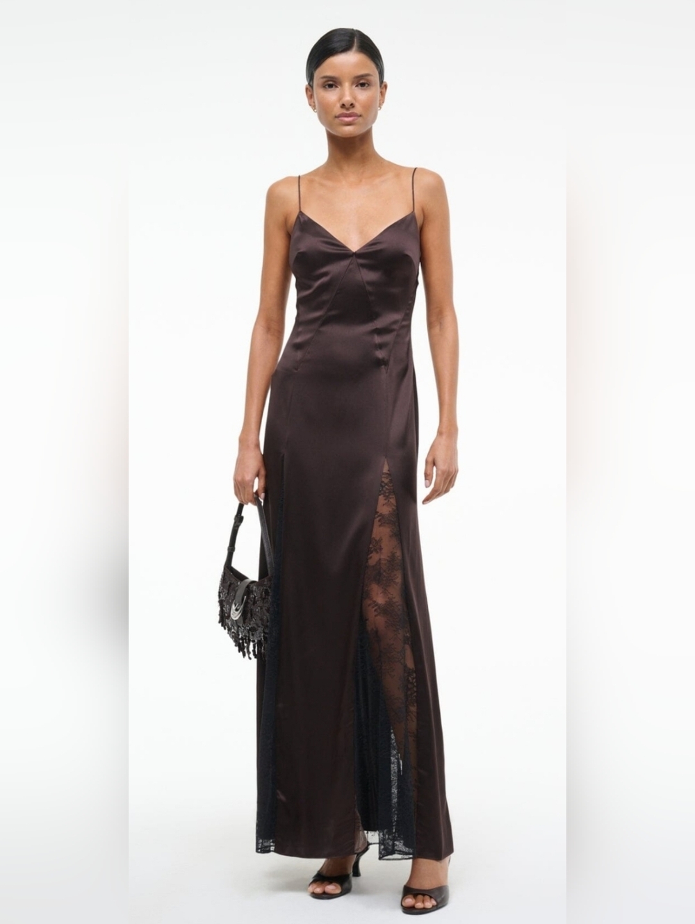 Staud SEALED! NWT! Trinity Lace-Inset Silk Maxi Dress in Earth. Sz 0. R2S!!